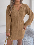 Women V-Neck Balloon Sleeve Bodycon Sweater Dress