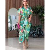 Women Loose Printed Strappy Irregular Button Shirt Casual Dress
