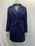Women Belt Turndown Collar Coat