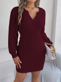 Women V-Neck Balloon Sleeve Bodycon Sweater Dress