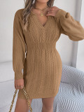 Women V-Neck Balloon Sleeve Bodycon Sweater Dress