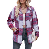 Women Casual Plaid Loose Pocket Shirt Jacket