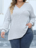 Plus Size Women Ribbed V-Neck Crossover Basic T-Shirt