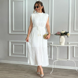 Women's Fashionable Simple Half Turtleneck Slim Waist Slim Fit Belt Maxi Dress