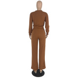 Solid Color Long Sleeve Pocket Straight Pants 2 Piece Set