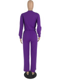 Solid Color Long Sleeve Pocket Straight Pants 2 Piece Set