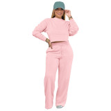 Solid Color Long Sleeve Pocket Straight Pants 2 Piece Set