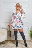 Women's Printed V-Neck Long Sleeve Dress