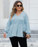 Women's Plus Size Tops Spring And Autumn V-Neck Ribbed Lantern Sleeve T-Shirt Basic Shirt