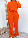 Solid Color Long Sleeve Pocket Straight Pants 2 Piece Set