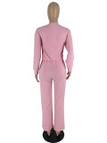 Solid Color Long Sleeve Pocket Straight Pants 2 Piece Set