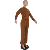Solid Color Long Sleeve Pocket Straight Pants 2 Piece Set
