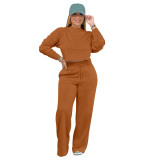 Solid Color Long Sleeve Pocket Straight Pants 2 Piece Set