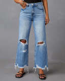 Tassel Washed Ripped Women's Denim Trousers Casual Mid-High Waist Wide Leg Pants