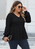 Women's Plus Size Tops Spring And Autumn V-Neck Ribbed Lantern Sleeve T-Shirt Basic Shirt