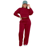 Solid Color Long Sleeve Pocket Straight Pants 2 Piece Set
