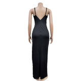 Women Solid Beaded Sleeveless Slit Maxi Dress