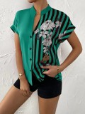 Women Contrast Floral Button Short Sleeve Shirt