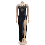 Women Solid Beaded Sleeveless Slit Maxi Dress