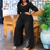 Plus Size African Women Long Sleeve Solid Loose Wide Leg Jumpsuit