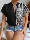 Women Contrast Floral Button Short Sleeve Shirt