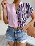 Women Contrast Floral Button Short Sleeve Shirt
