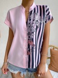 Women Contrast Floral Button Short Sleeve Shirt
