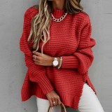 Women Half Turtle Collar Loose Solid Long Sleeve Side Slit Knitting Sweater