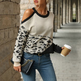 Women Autumn Color Block Long Sleeve Hollow Sweater