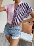 Women Contrast Floral Button Short Sleeve Shirt