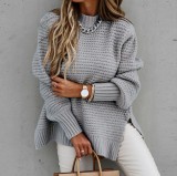 Women Half Turtle Collar Loose Solid Long Sleeve Side Slit Knitting Sweater