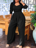 Plus Size African Women Long Sleeve Solid Loose Wide Leg Jumpsuit