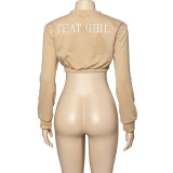 Women Autumn Solid Round Neck Embroidered Letter Long Sleeve Crop Top
