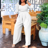 Plus Size African Women Long Sleeve Solid Loose Wide Leg Jumpsuit