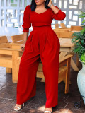 Plus Size African Women Long Sleeve Solid Loose Wide Leg Jumpsuit