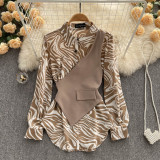 Women Long Sleeve Loose Striped Patchwork Fake Two-Piece Shirt