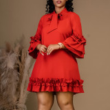 Women Loose CasualRuffle Edge Solid Dress