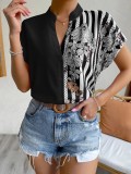 Women Contrast Floral Button Short Sleeve Shirt