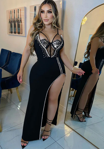 Women Solid Beaded Sleeveless Slit Maxi Dress