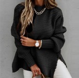 Women Half Turtle Collar Loose Solid Long Sleeve Side Slit Knitting Sweater