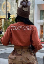 Women Autumn Solid Round Neck Embroidered Letter Long Sleeve Crop Top