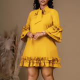 Women Loose CasualRuffle Edge Solid Dress