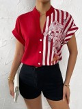 Women Contrast Floral Button Short Sleeve Shirt