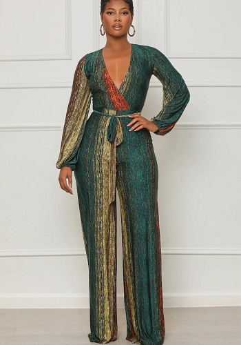 Women Casual Long Sleeve Loose Striped Jumpsuit