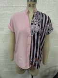 Women Contrast Floral Button Short Sleeve Shirt