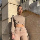Women Autumn Solid Round Neck Embroidered Letter Long Sleeve Crop Top