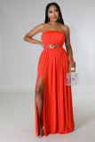 Women Solid Strapless Slit Belt Dress