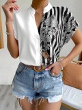 Women Contrast Floral Button Short Sleeve Shirt