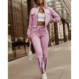 Women's Zipper Long-Sleeved Top Drawstring Pants Casual Two-Piece Suit