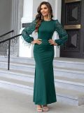 Autumn Fashion Contrast Color Mesh Lantern Sleeve Mermaid Party Dress